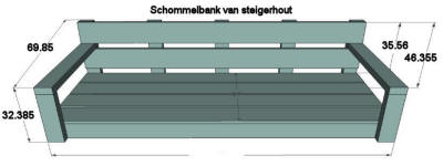 Bouwtekening met maten incentimeters om een schommelbank te maken van steiger hout.