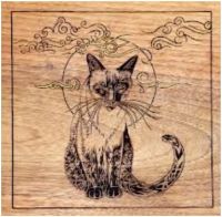 Gebrandschilderde poes op een houten plankje.